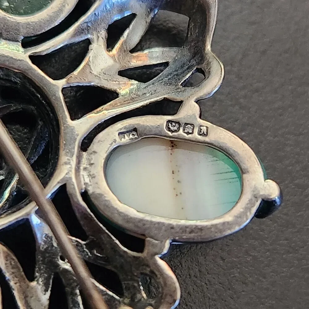 1960s Sterling Silver Celtic Cross Pin Brooch Agate Stones James Coull Scotland
